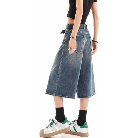 Baggy Wide Leg Cropped Denim Jeans for Women Men Casual Summer Clothes - Picture 5 of 7